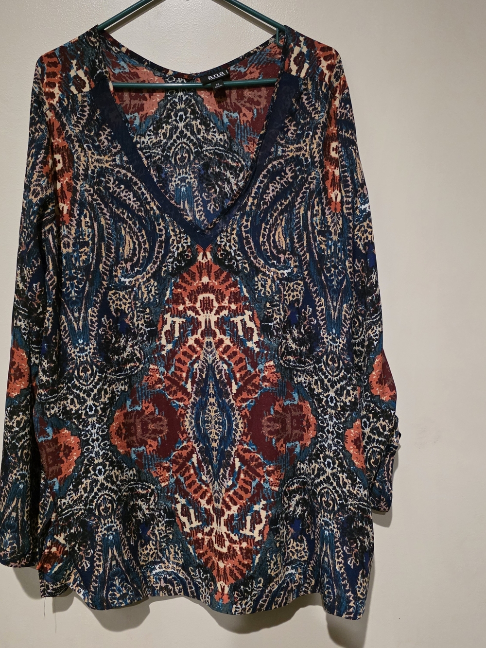 a.n.a Floral Paisley Print Blouse in Teal, Rust & Black 2X Roll-Up Sleeves VNECK